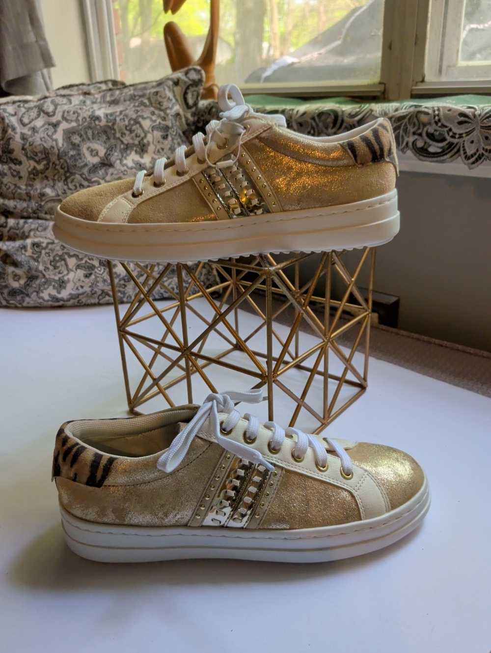 GEOX Respira Soft Gold Platform Sneakers Size 8 Metallic Sparkle Tiger Heel NEW!